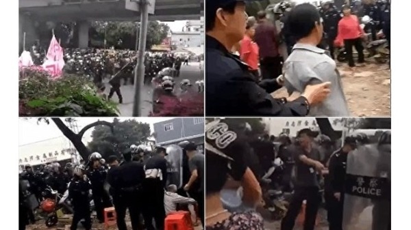 中国广东三洪奇村的村民们，近日欲阻止当地政府施工，却遭到特警与公安带着大批警犬至现场武力镇压。