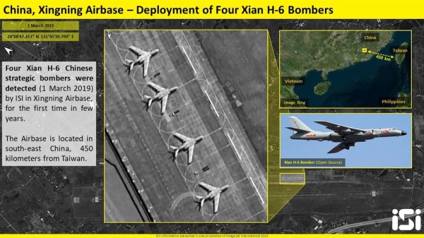 商用卫星公司ImageSat Internationa指出，最近大陆4架轰6战机进驻广东兴宁机场，距离台湾仅450公里