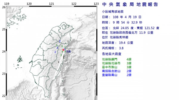 花莲县秀林乡今上午9点54分再传规模3.8余震。