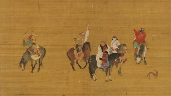 元朝畫家劉貫道於至元十七年（1280年）二月繪製的《元世祖出獵圖》，其中騎著黑馬、身穿白裘的男子是元世祖忽必烈。