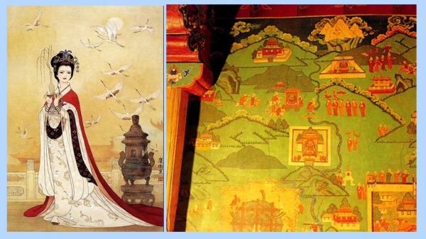 文成公主（左）和（右）西藏布達拉宮牆壁上的《文成公主進藏圖》。