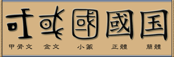 甲骨文的「國」字，左邊的口代表城郭；右邊是一種兵器，「國」字代表有守衛的城池。