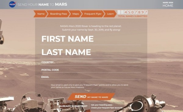 只要在9月30日之前到NASA網站申請，就能免費「留名火星」。