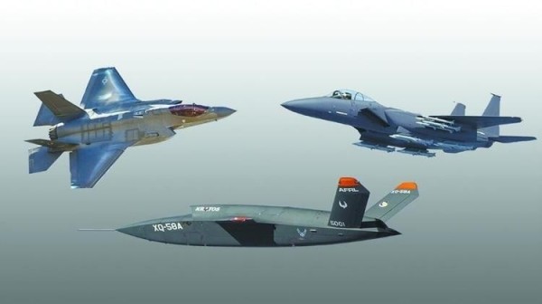 五角大厦楼规划F-35（左上）、F-15EX（右上）和“女武神”无人机（下）混编作战。