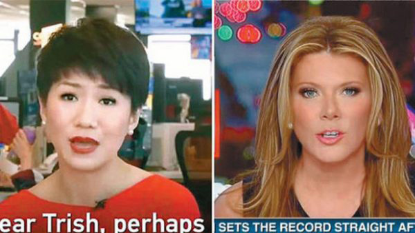 美中貿易戰背景下，美國福克斯（FOX）商業頻道女主播翠西．里根和中共央視旗下環球電視網CGTN主持人劉欣場外開戰。