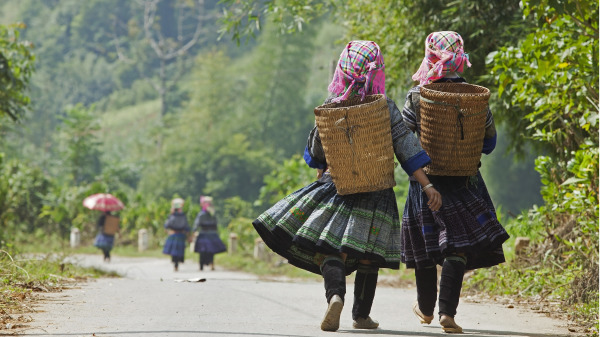 农村妇女背着竹篓上山干活去。