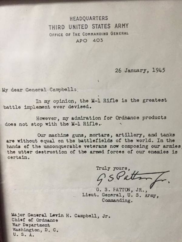 1945年1月26日，巴頓將軍George Patton在M1 Garand上致春田兵工廠Springfield Armory的信。