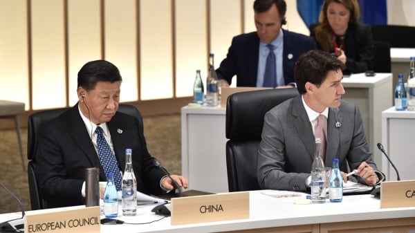 2019年6月29日，习近平与特鲁多在大阪 G20峰会上。