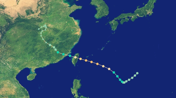 「75･8」潰壩事件前，颱風尼娜的行進路徑。
