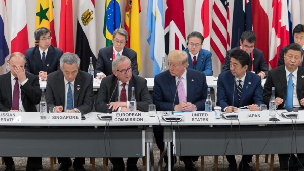 2019年6月28日，川普、习近平、普京在日本大阪 G20峰会上