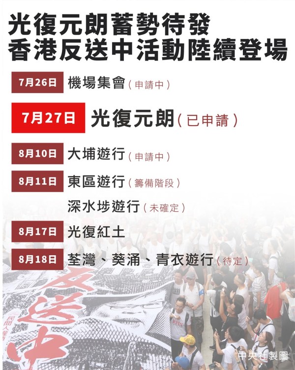 港人计划27日举行“光复元朗”行动，另外还有相关抗议活动也将接续登场。