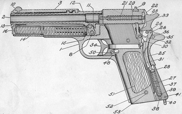 1917年出版的軍方正式發表的原型1911型手槍帶有標記的橫截面圖。