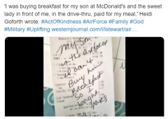 美國媽媽點快餐後「被結賬」小票上現暖心留言(圖)