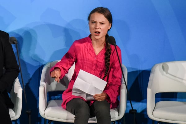 2019年9月23日，瑞典環保少女桑柏格在紐約舉行的聯合國氣候行動峰會上講話。