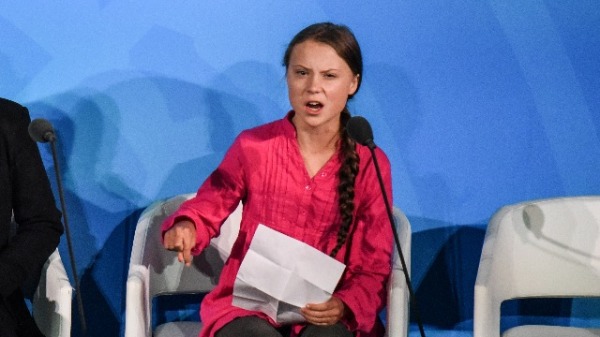 2019年9月23日，瑞典環保少女桑柏格在紐約舉行的聯合國氣候行動峰會上講話。